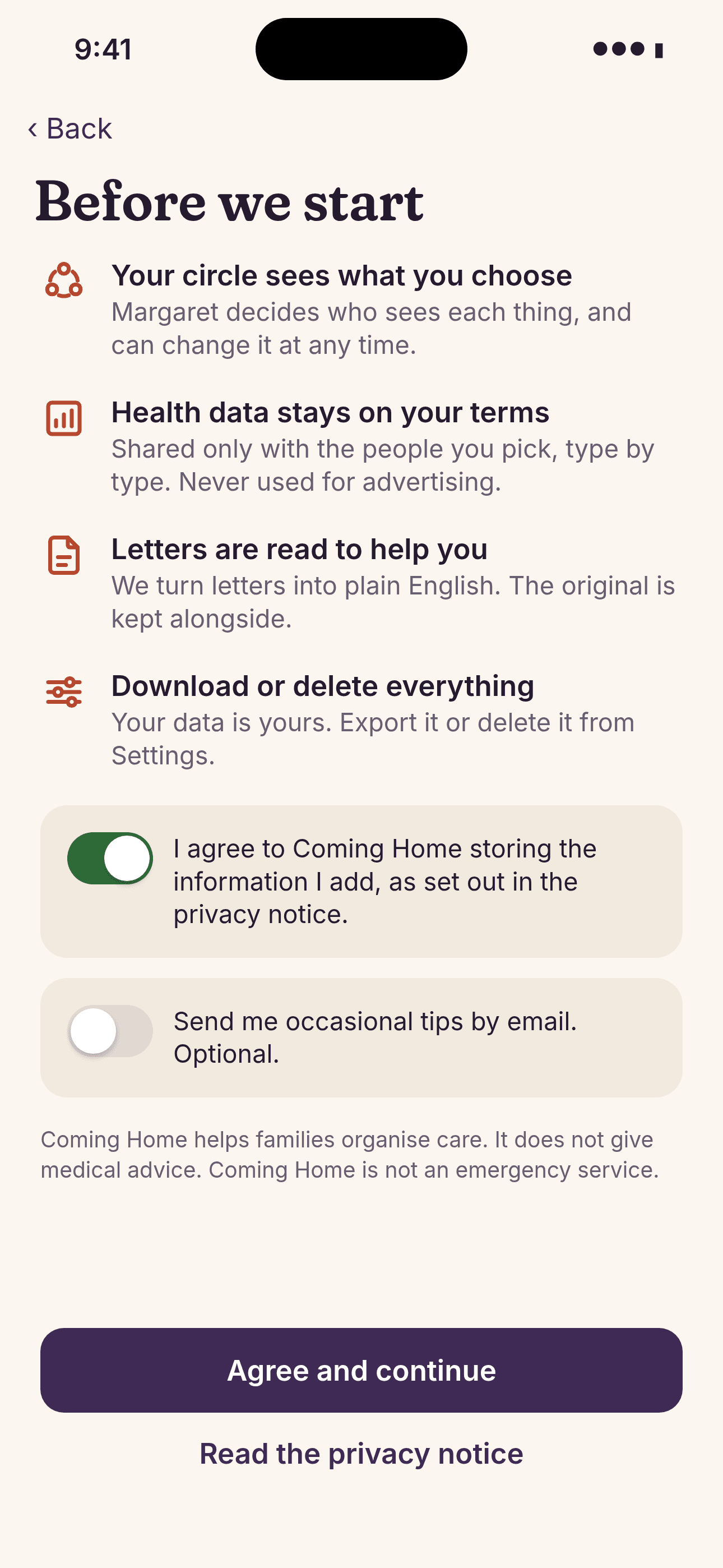 Before we start: your circle sees what you choose, health data stays on your terms, and you can download or delete everything.