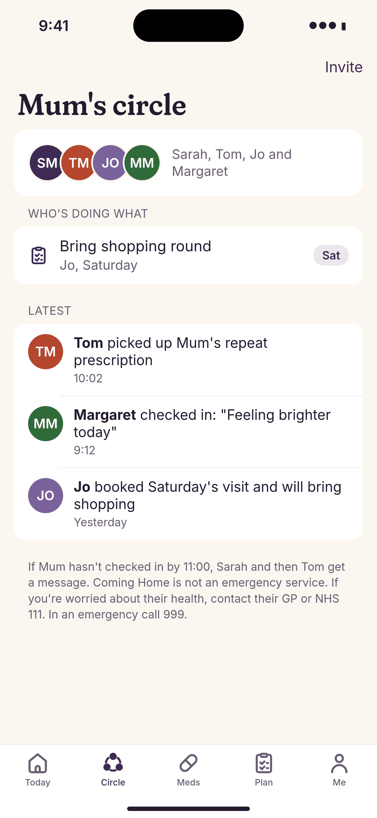Mum's circle: Jo is bringing shopping on Saturday, Tom picked up the repeat prescription and Margaret checked in feeling brighter.