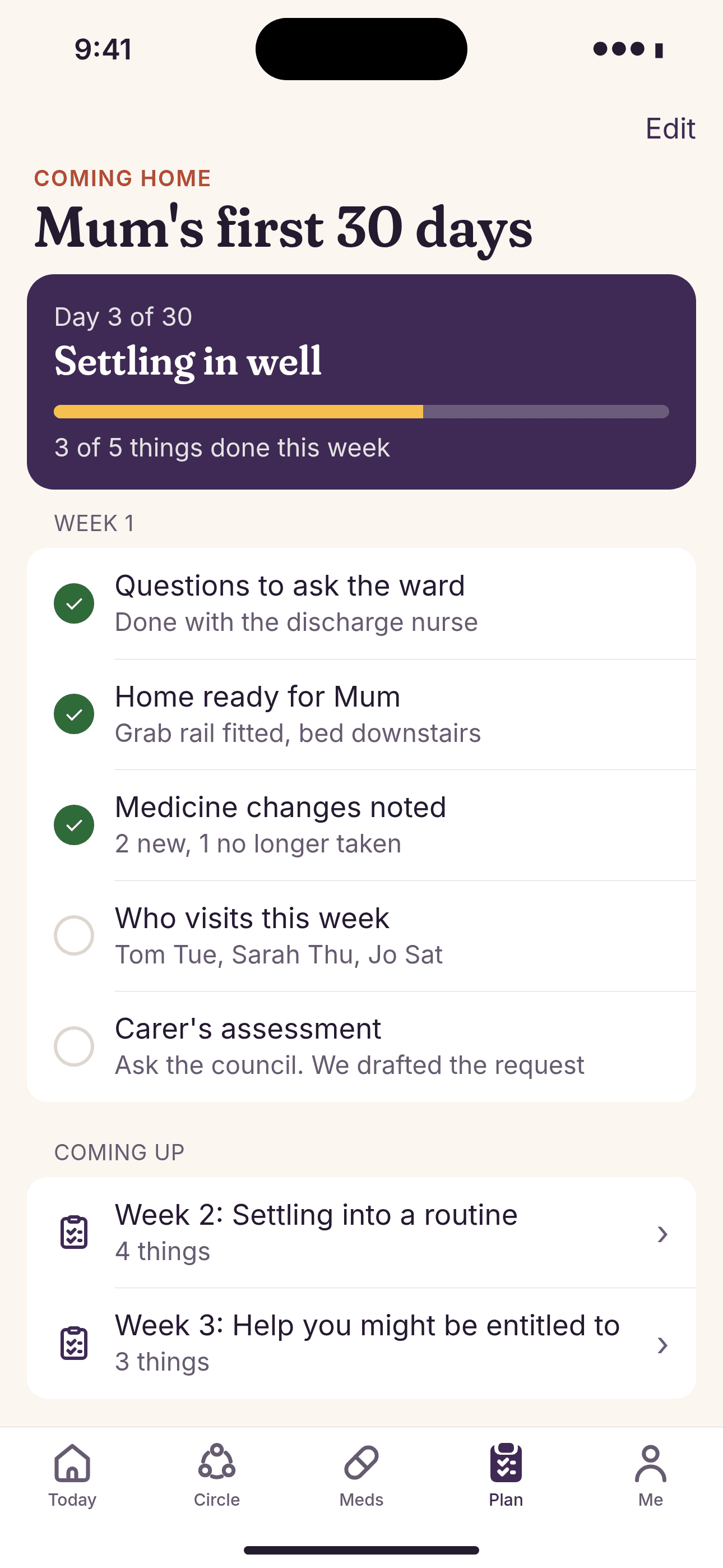 Mum's first 30 days: day 3 of 30, settling in well, with ward questions, home set-up and medicine changes ticked off.
