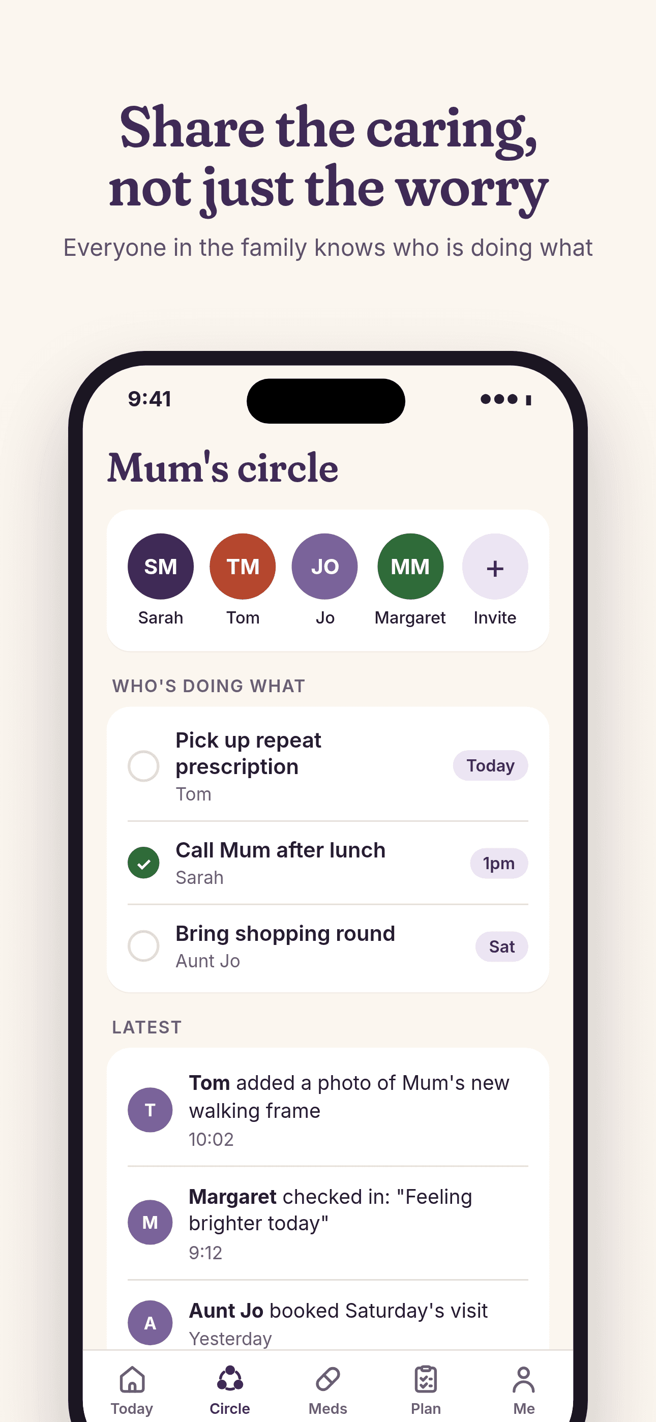 Share the caring, not just the worry: Mum's circle showing who is picking up the prescription and who is visiting.
