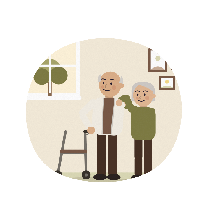 A woman helps her husband with his cardigan as he stands with his rollator.