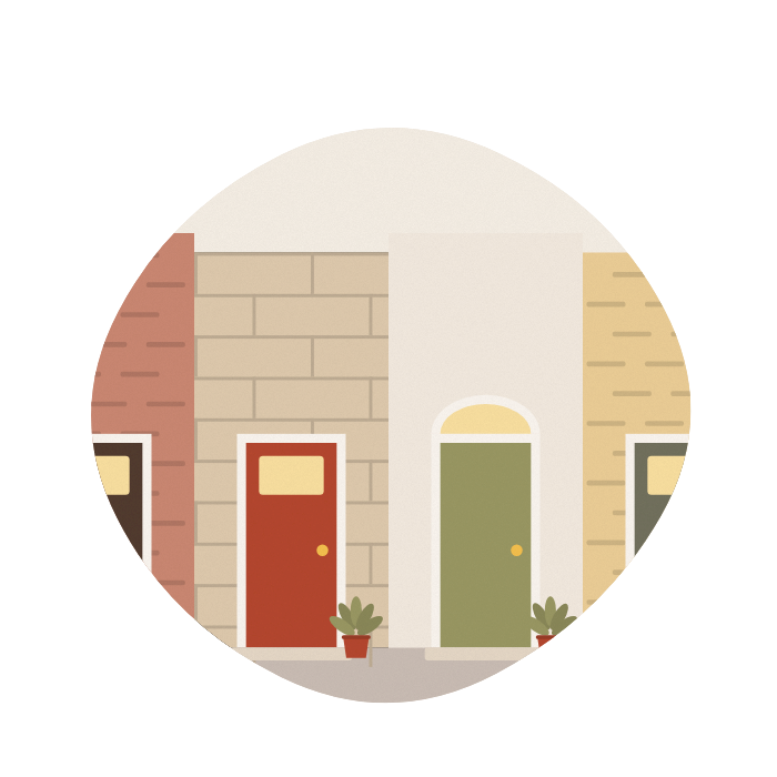 Four front doors in different styles along a friendly street.