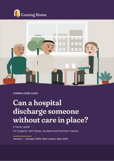 A son and his dad, bag packed, talk with a discharge coordinator by a hospital window.