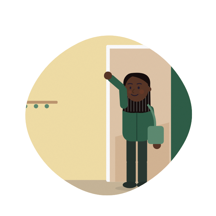 A young woman in a work fleece waves goodbye at the door of a tenement flat.
