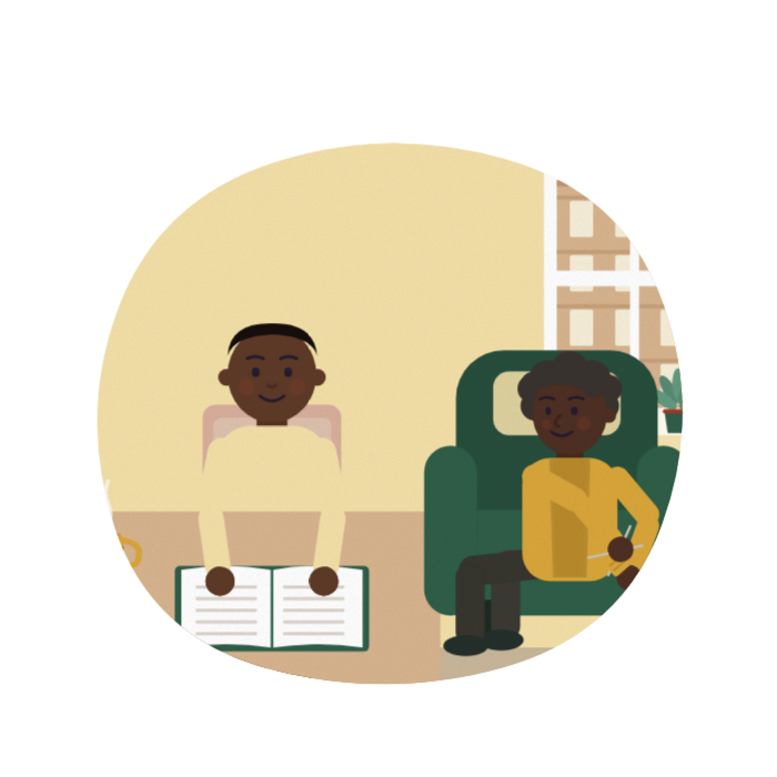 A student reads at a kitchen table while an older woman knits nearby.