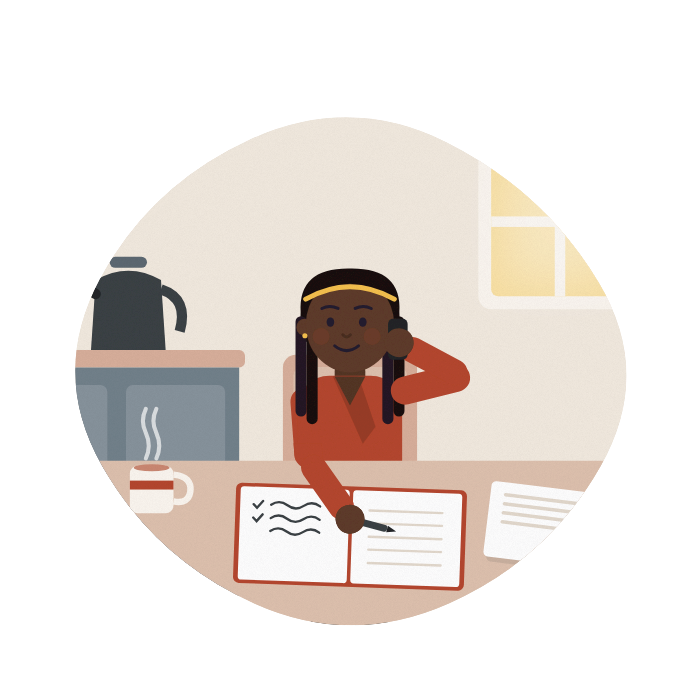 A woman makes a phone call at her kitchen table, writing notes in a notebook beside a letter.