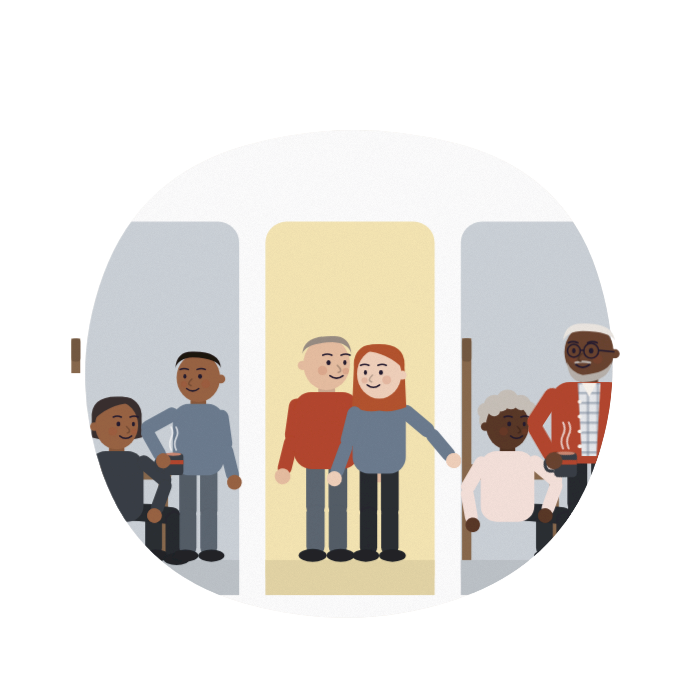 A teenager, a young woman and an older man each help someone at home.