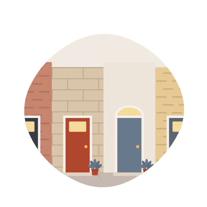 Four front doors in different styles along a friendly street.