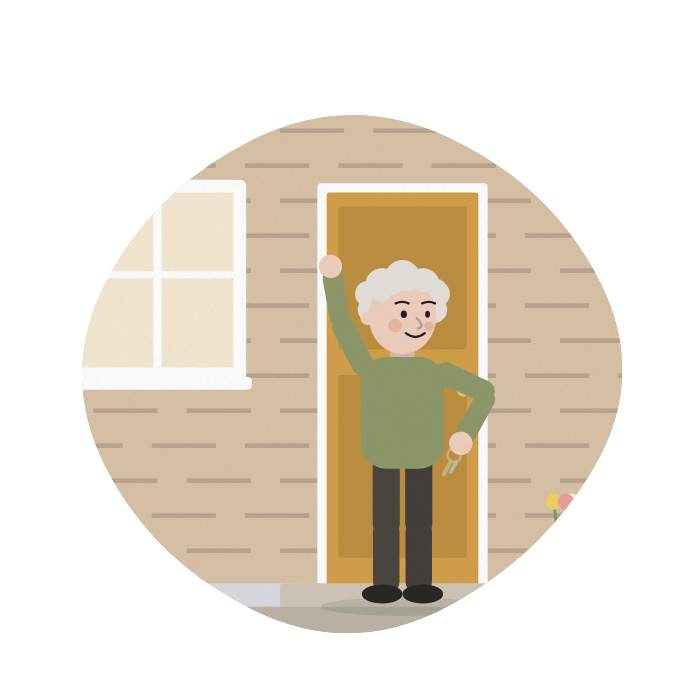 A neighbour waves from her doorstep, a spare key on a ring in her hand.