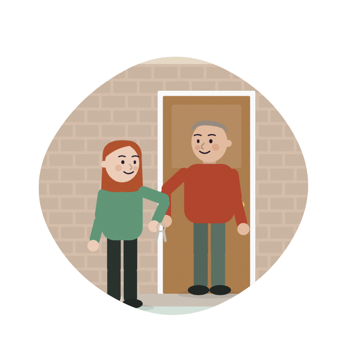 A man hands a set of keys to his daughter at a front door.
