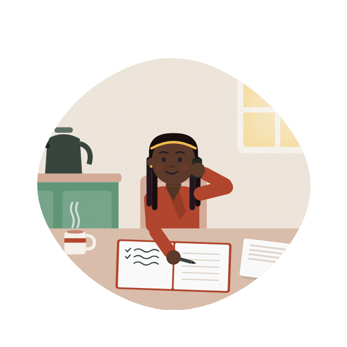 A woman makes a phone call at her kitchen table, writing notes in a notebook beside a letter.