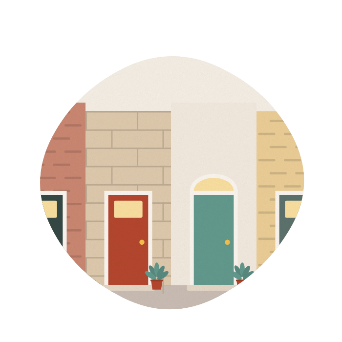 Four front doors in different styles along a friendly street.
