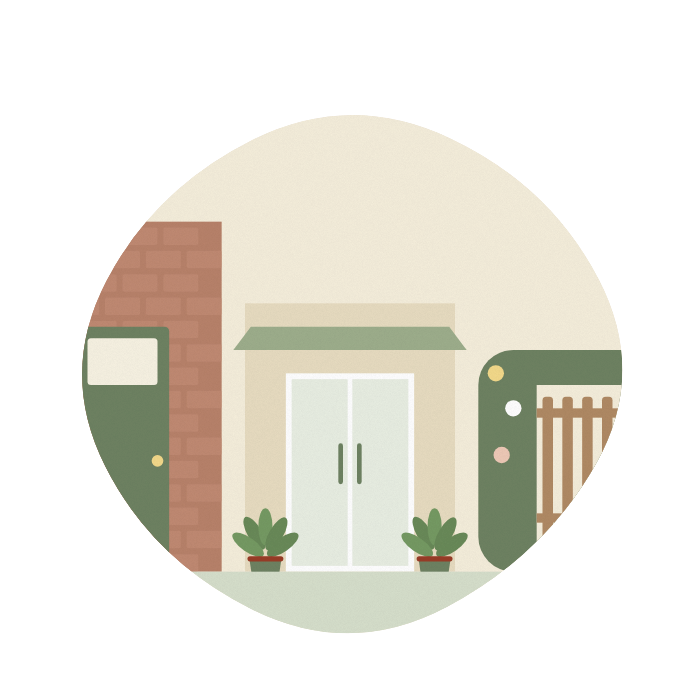 A front door, a care home entrance and a hospice garden gate, side by side.