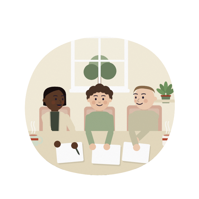 A nurse, a social worker and a daughter sit round a table, talking through some papers.