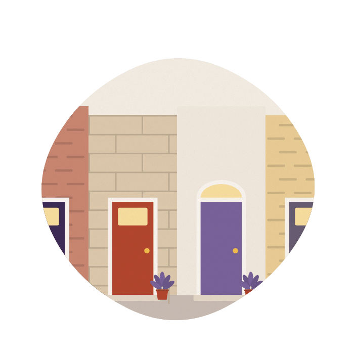 Four front doors in different styles along a friendly street.