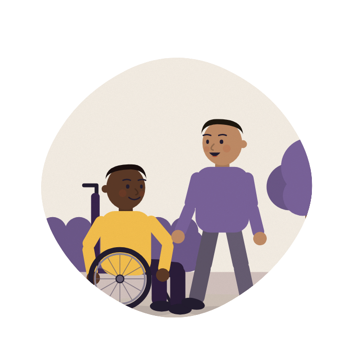 A young man in a new wheelchair heads off down the street with a friend.