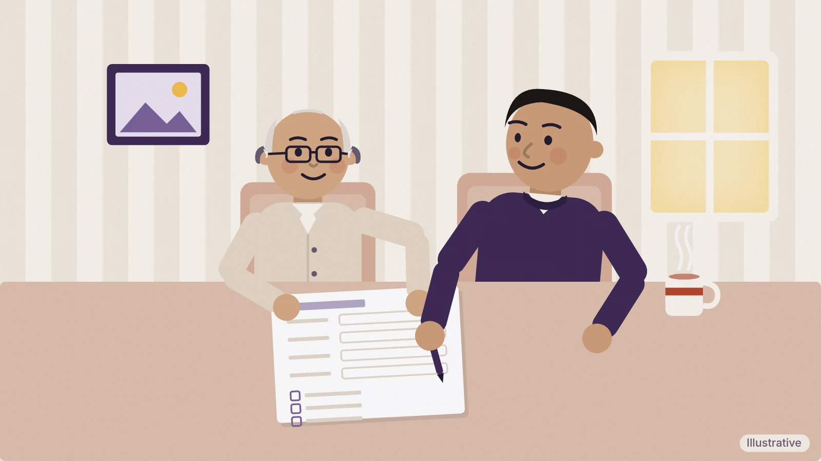 A father in reading glasses and hearing aids reads a blank form with his adult son at the dining table, the son pointing with a pen (illustrative)