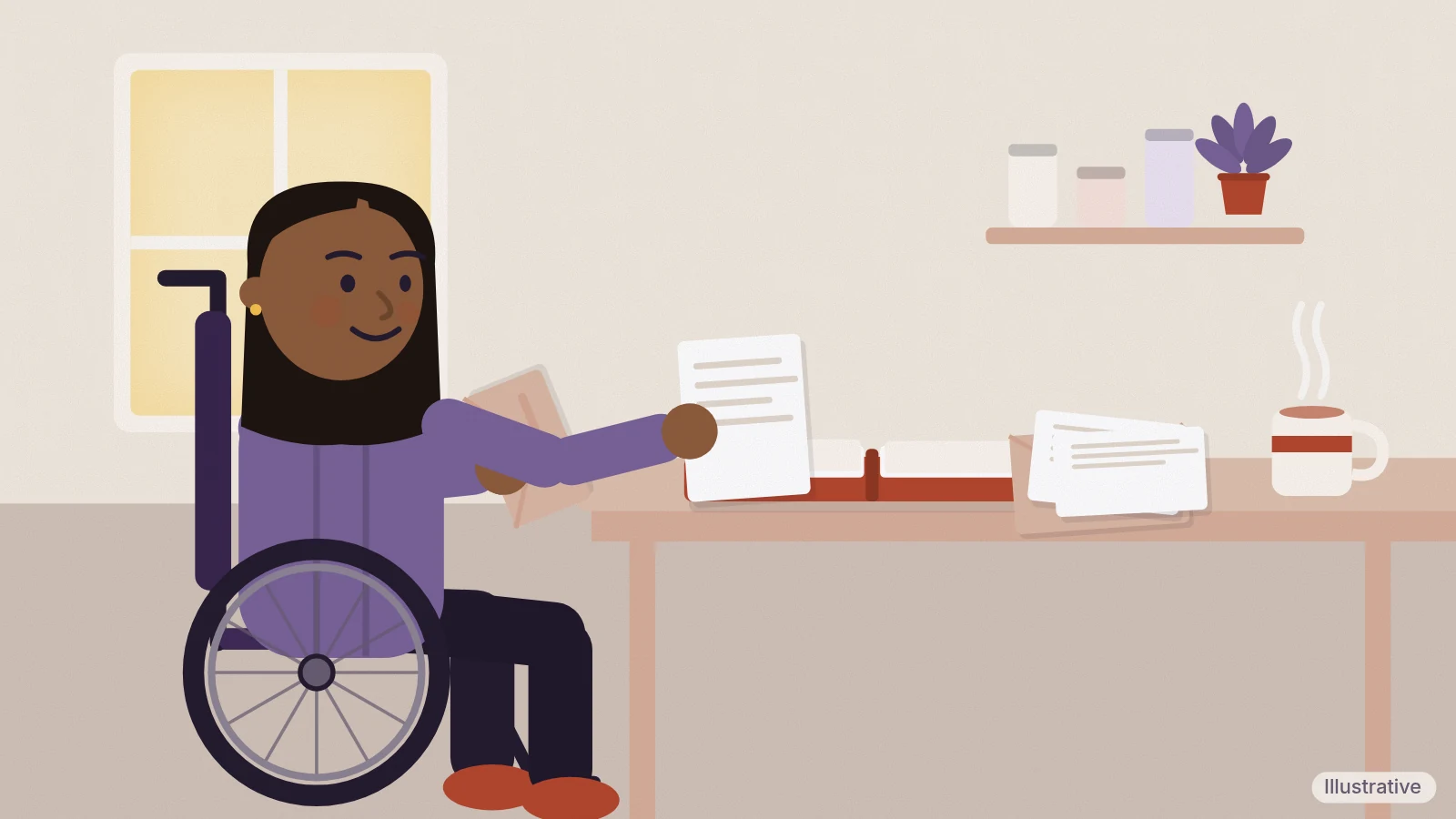 A carer who uses a wheelchair sits at her kitchen table in daylight, sorting old letters into a folder, with a mug of tea beside her (illustrative)