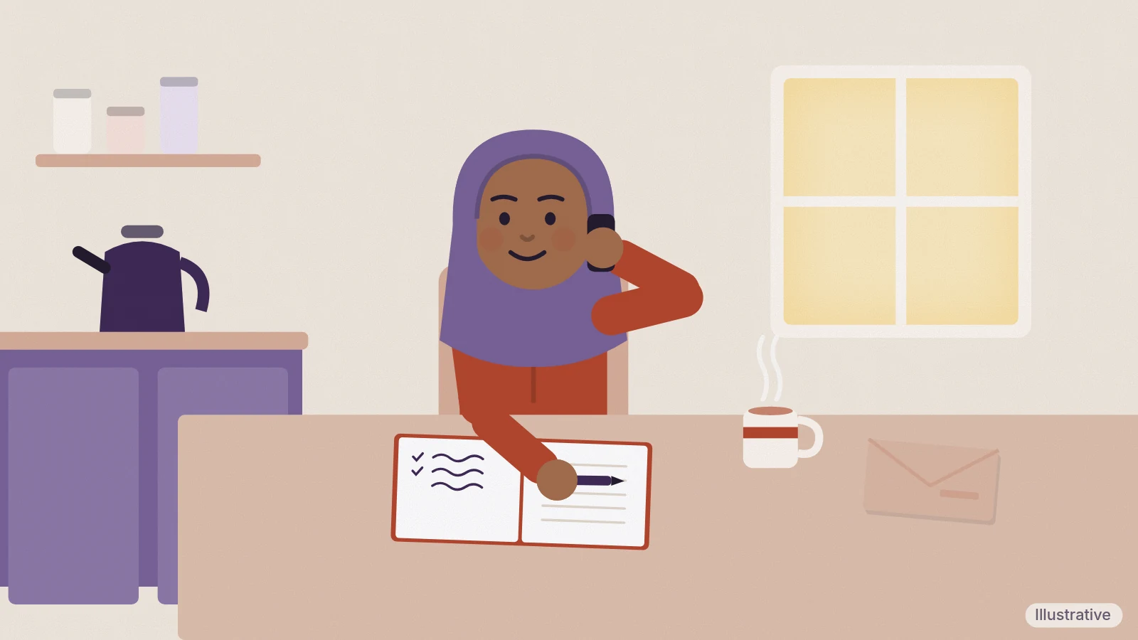 A woman in a headscarf on the phone at her kitchen table, with a notebook open, writing down a list (illustrative)