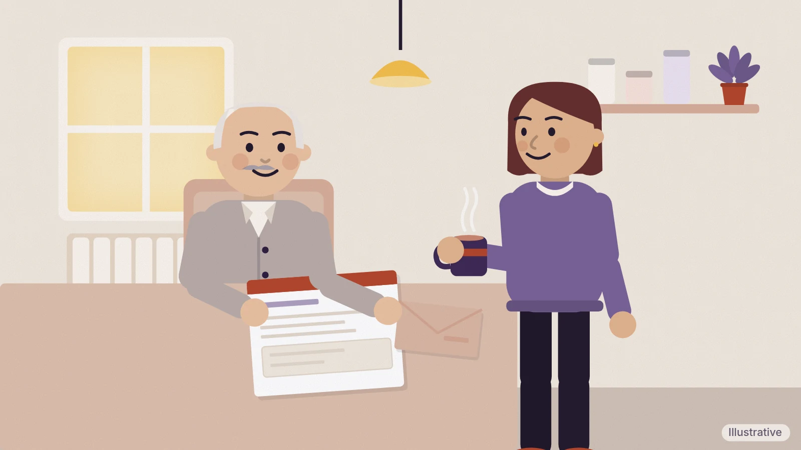 An older man in a cardigan reading a printed energy bill at a kitchen table while his daughter holds a mug of tea beside him (illustrative)