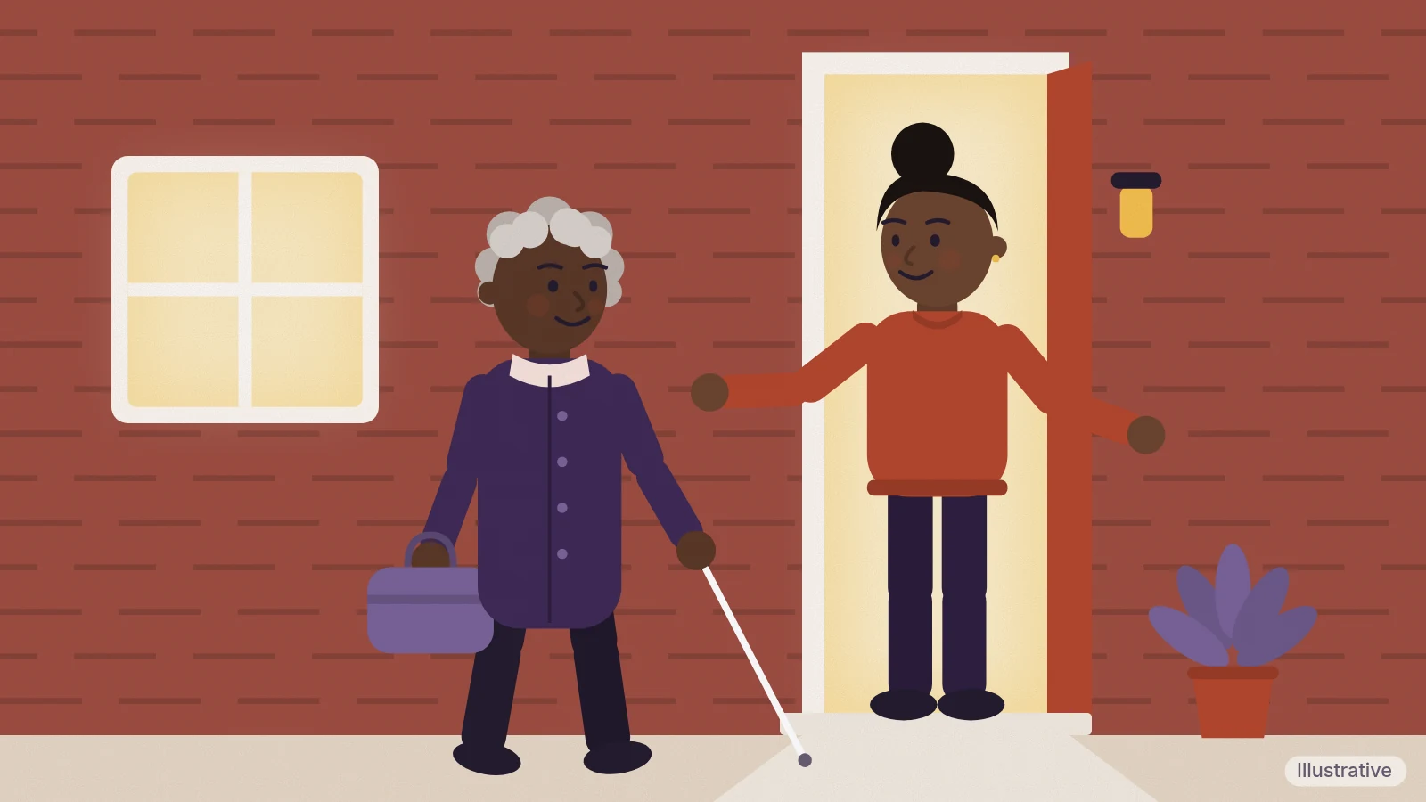 An older woman with a white cane and a small overnight bag is welcomed through her own front door by her daughter (illustrative)