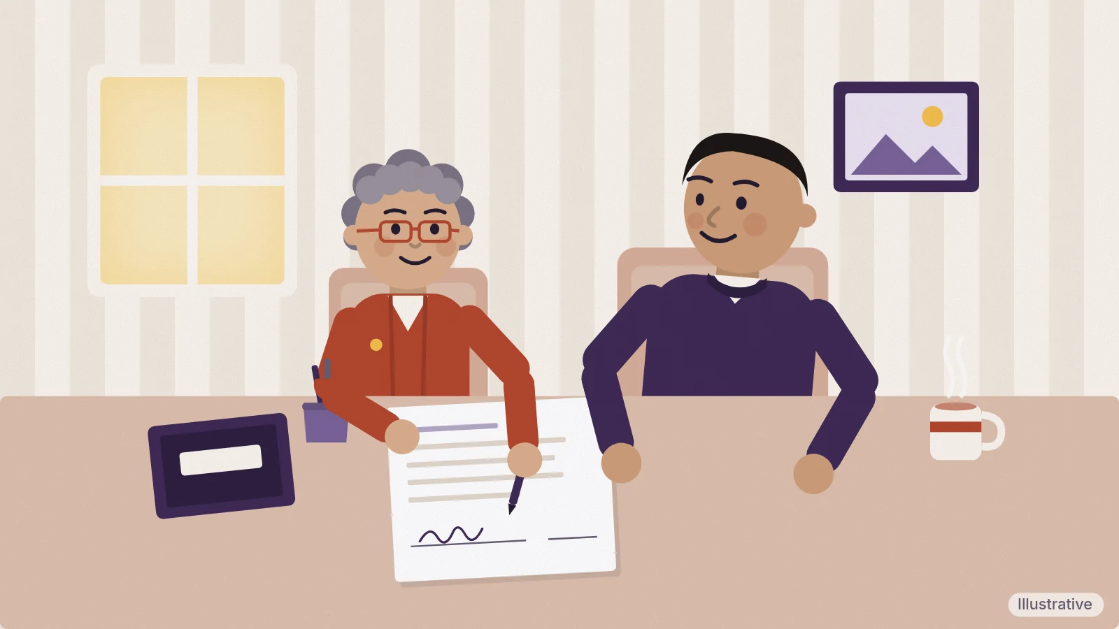 An older woman and her son signing papers together at a dining table, with a cup of tea and a pen pot (illustrative)