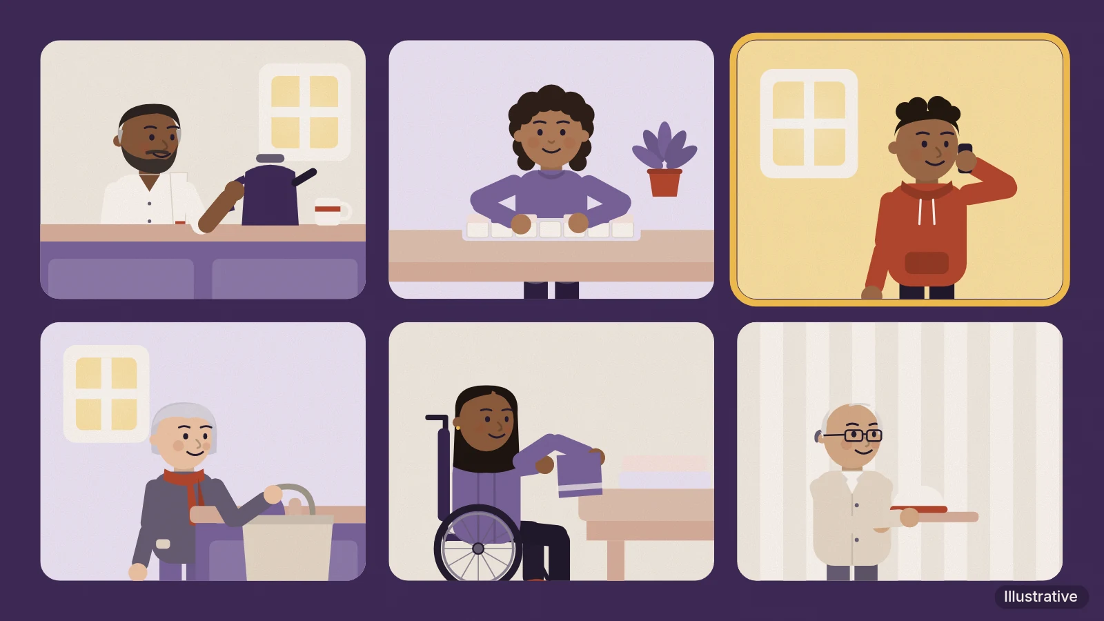 Six different people at home, each doing an everyday caring job such as making tea, sorting a pill organiser or making a phone call, shown as a simple grid with one picked out (illustrative)